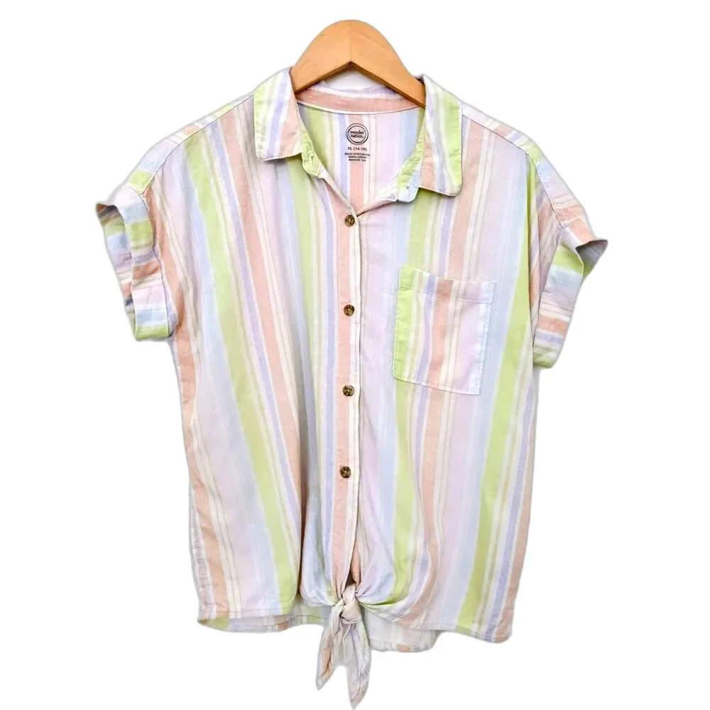 Wonder Nation Girls Multi Color Stripe Button Up Linen Rayon Short Sleeve Top XL